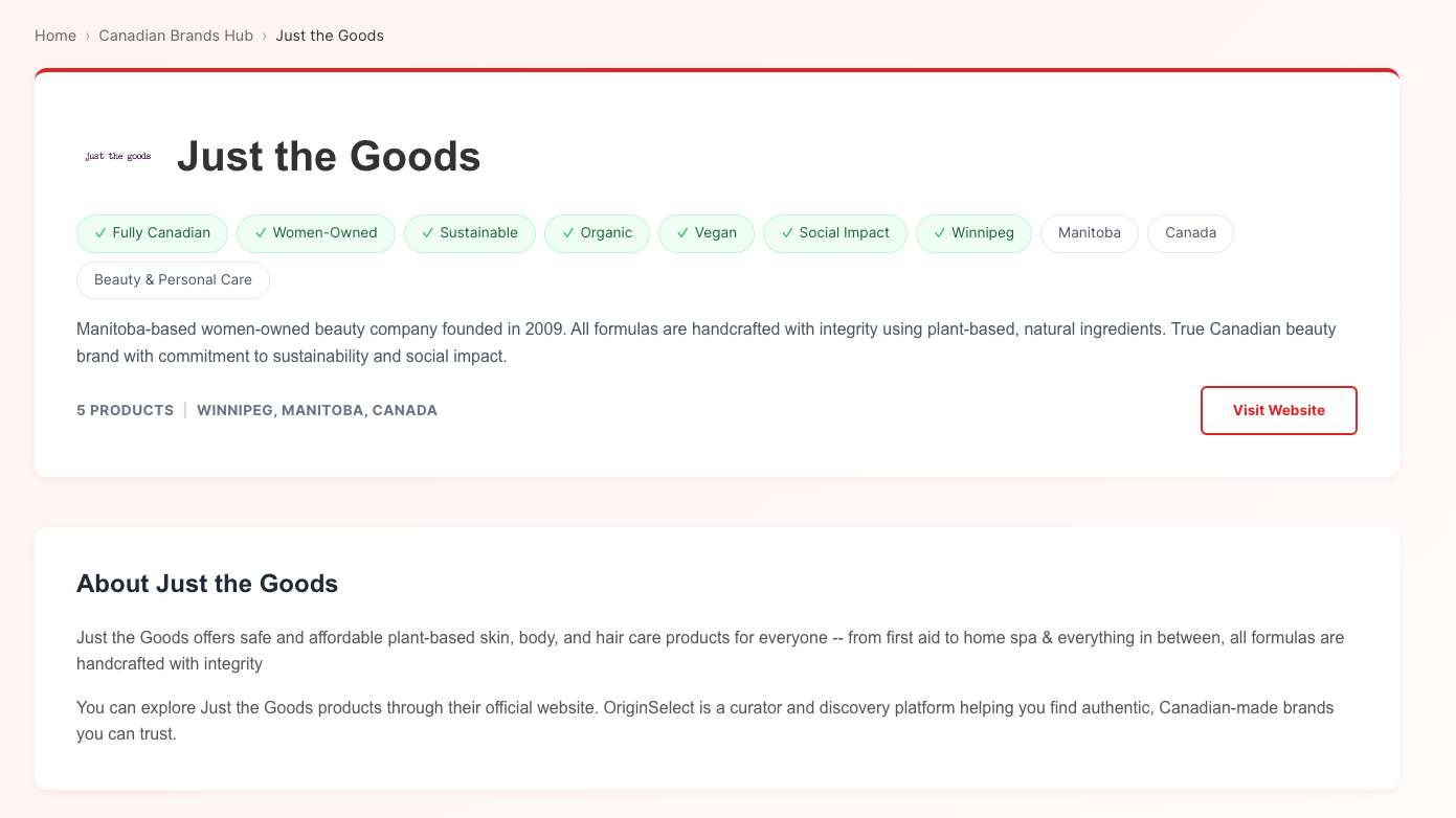 Example Canadian brand page showing brand header with verified badges