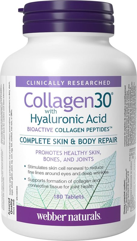 Webber Naturals Collagen30 with Hyaluronic Acid, Bioactive Collagen Peptides, 180 Tablets, Helps Reduce Joint Pain, Eye Wrinkles and Fine Facial Line