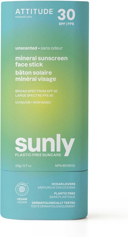 ATTITUDE Mineral Face Sunscreen Stick with Zinc Oxide, SPF 30, Made in Canada, EWG Verified,Plastic-Free, Broad Spectrum UVA/UVB Protection, Dermatologically Tested, Vegan, Unscented, 20 grams 20 g (Pack of 1) Unscented