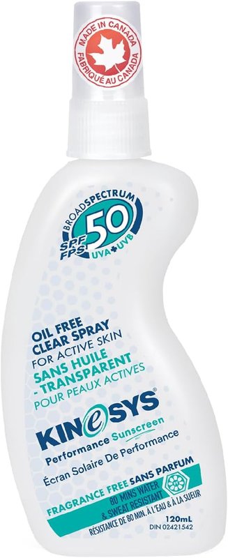 KINeSYS Fragrance Free Clear Spray Suncreen for Sensitive Skin, Non-Greasy, Lightweight, Broad Spectrum UVA-UVB, Hypoallergenic, SPF 50, PABA and Oxybenzone Free, Made In Canada, 120ml Fragrance Free SPF 50 120 ml (Pack of 1)