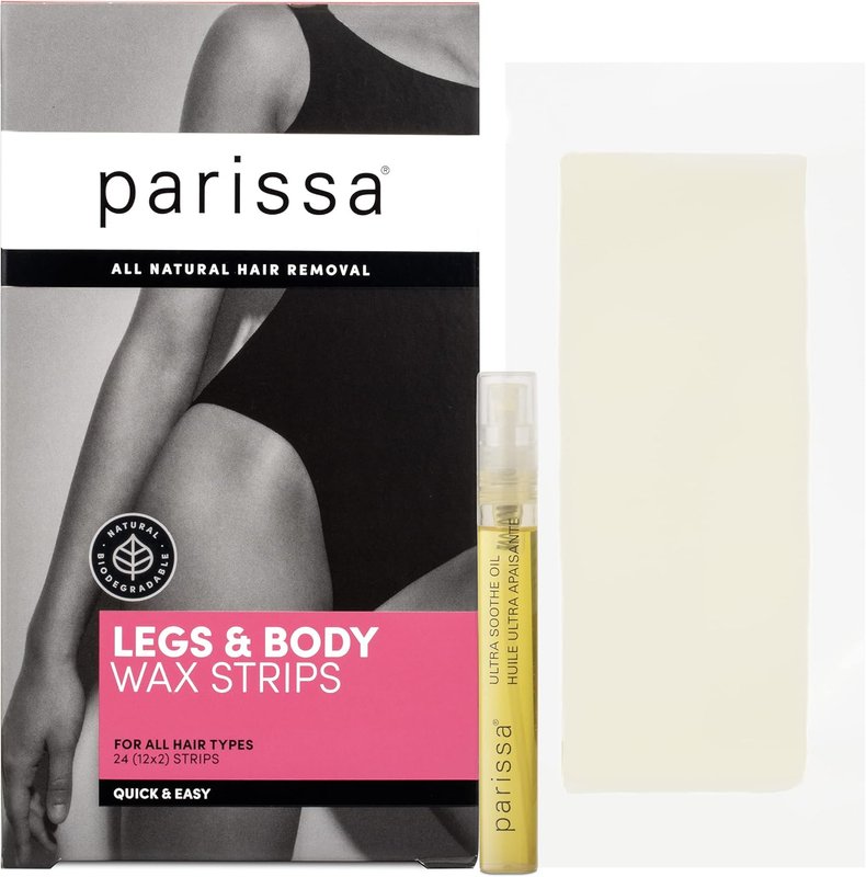 Parissa Legs & Body Biodegradable Wax Strips Kit | Ready-to-Use Large Wax Strips for At-Home Hair Removal, Suitable for All Hair Types | Includes Post-Wax Ultra Soothe Oil | 24 Strips (12 x 2) White