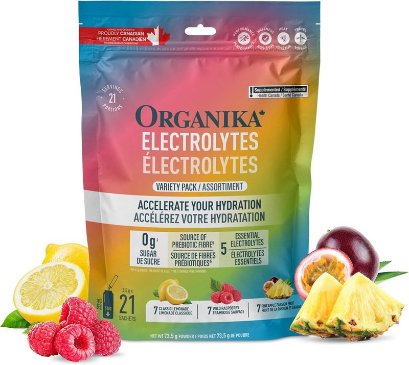 Organika Canadian-Made Electrolytes Powder- Variety Pack Sachets (Raspberry + Lemonade + Pineapple Passion), On-the-Go Sugar-Free Hydration and Electrolyte Replenishment with Prebiotics and Vitamin C- 3.5g x 20ct Variety Pack 3.5g x 21