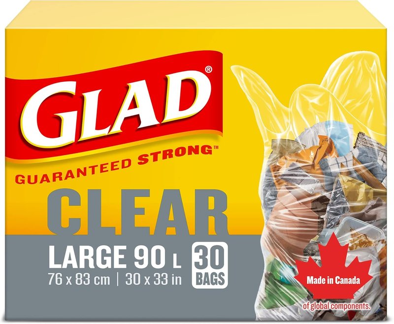 Glad Clear Garbage Bags - Large 90 Litres - 30 Trash Bags, Made in Canada of Global Components Large Large 30 bags
