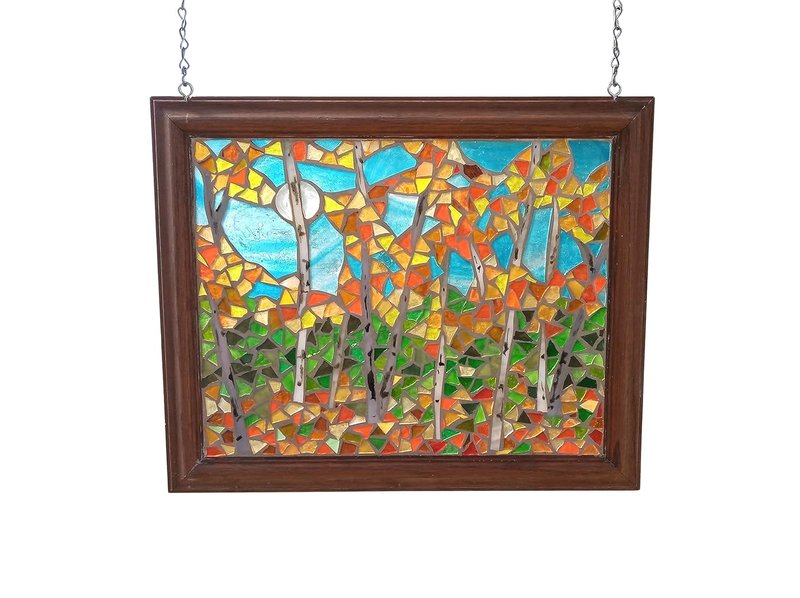 Autumn Birch Trees Landscape Stained Glass Mosaic Panel