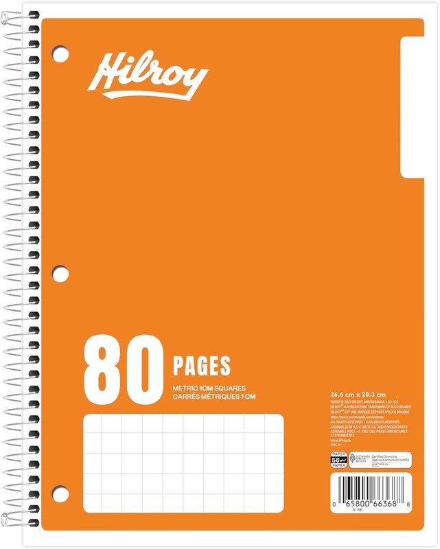 Hilroy 1-Subject Coil Notebook, 8" x 10.5", Metric Graph Ruled, 80 Pages/40 Sheets, 1 Notebook, Orange Cover (66368)