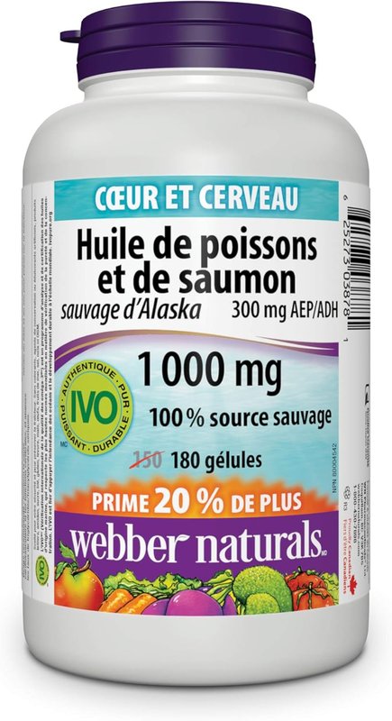 Webber Naturals Wild Alaskan Salmon and Fish Oil 1,000 mg, 180 Softgels, Supports Heart, Brain and Joint Health