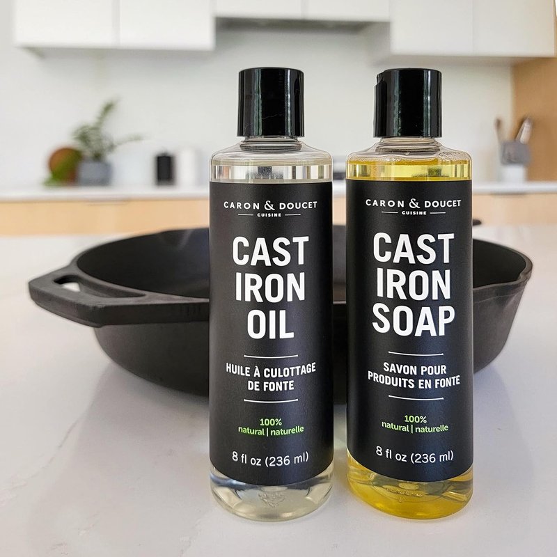Caron & Doucet - Cast Iron Cleaning & Conditioning Set: Seasoning Oil & Cleaning Soap | 100% Plant-Based | Best for Cleaning, Washing, Restoring & Seasoning Cast Iron Skillets, Pans & Grills! 8oz Each 8 ml (Pack of 2)