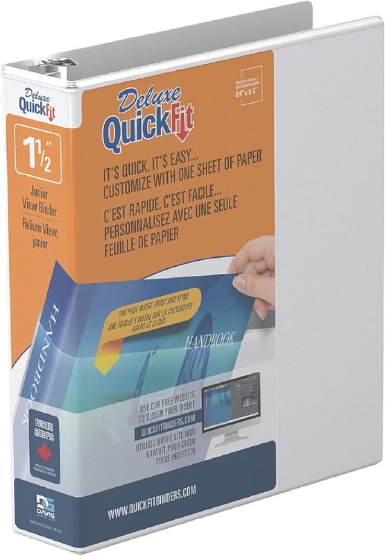 Davis Group QuickFit Junior Binder, Premium Small Clear-View 3-Ring Binder for School, Office, or Home, Made in Canada, 5.5" x 8.5", White, Single, 1.5 Inch