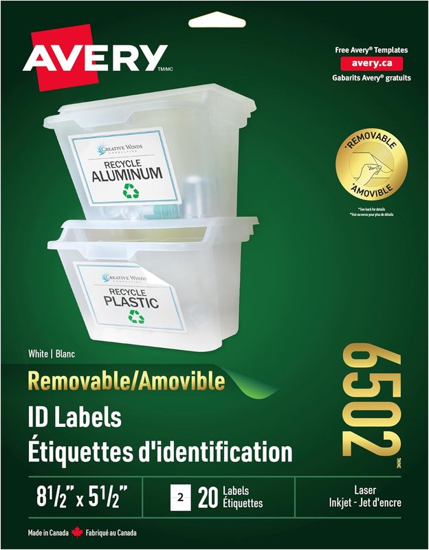 AVERY Removable Multi-Purpose Labels, 5.5” x 8.5” Rectangle Labels, for Laser/Inkjet Printers, 20 White Labels, Full Sheet, Removable, ID Storage/Signage Labels (6502), Made in Canada 5½” x 8½” Labels