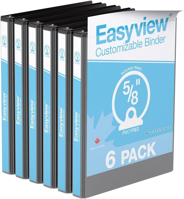 Easyview® Premium, Round Ring, Customizable, View Binder, 6 Pack (Black, 5/8")