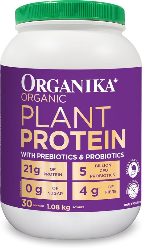 Organika Canadian-Made Organic Plant Protein Powder with Prebiotics + Probiotics- 21g Protein, 4g Fibre Per Serving, 5 Billion CFU Probiotics, 0g Sugar, Easy on Stomach- Unflavoured- 1080g