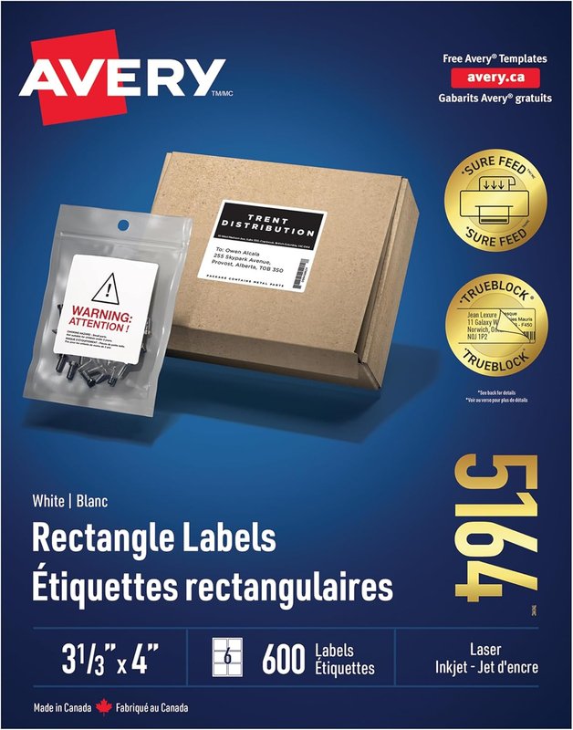 Avery TrueBlock Shipping Labels for Inkjet/Laser Printers, 3⅓" x 4", White, Rectangle, 600 Labels, Permanent (5164) Made in Canada 3⅓" x 4" 600 Labels Shipping Labels