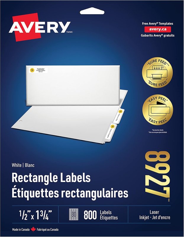Avery Address Labels with Easy Peel for Inkjet/Laser Printers, 1/2" x 1-3/4", White, Rectangle, 800 Labels, Permanent (8927) Made in Canada