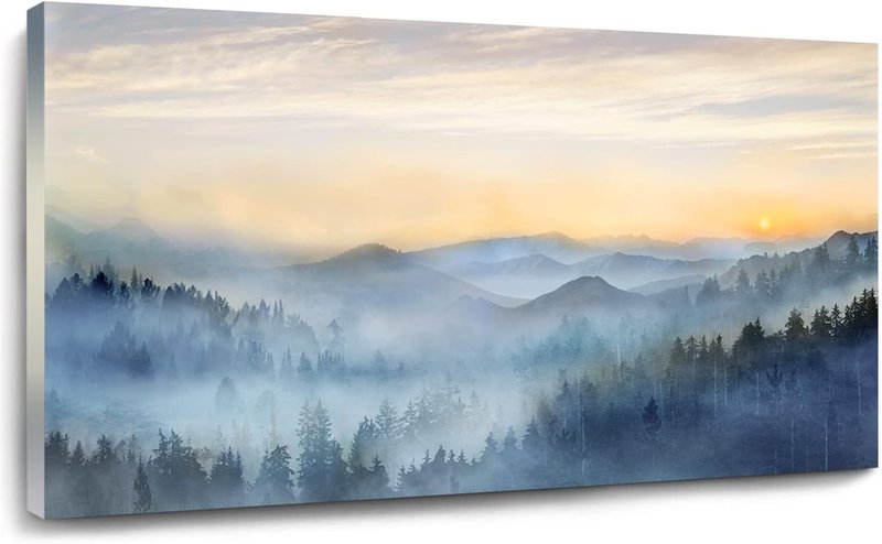 Mountain Wall Art For Bedroom Forest Tree Canvas Prints Sunrise Wall Decorations Beige Sky Artwork Framed Pictures 50x100cm Ready to Hang 100L x 50W cm Landscape50100-01