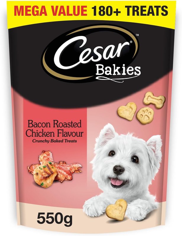 CESAR BAKIES Dog Treats, For Small Breed Adult Dogs, Bacon Roasted Chicken Flavour, Crunchy Texture, Fun Shapes, 550g Resealable Pouch Chicken 550 g (Pack of 1)