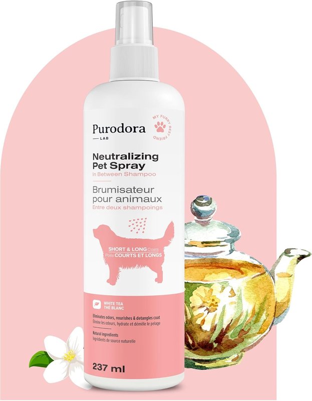 Between-Bath Shaggy-Coat Spray Pet Odor Eliminator 250ml | No-Rinse Dog Smell Eliminator with Avocado & Barley for Shiny, Fresh Fur | Safe, pH-Balanced Odor Eliminator for Pets | White Tea Scent 250 ml for Shaggy Coats