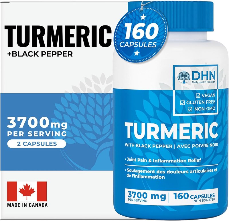 BONUS SIZE 160 Capsules of High Potency Turmeric Curcumin + Black Pepper. 3700mg per serving (1850mg per capsule x2). Natural Anti-Inflammatory, Joint Pain Relief, Antioxidant Rich. Canadian Made, Quality Assured