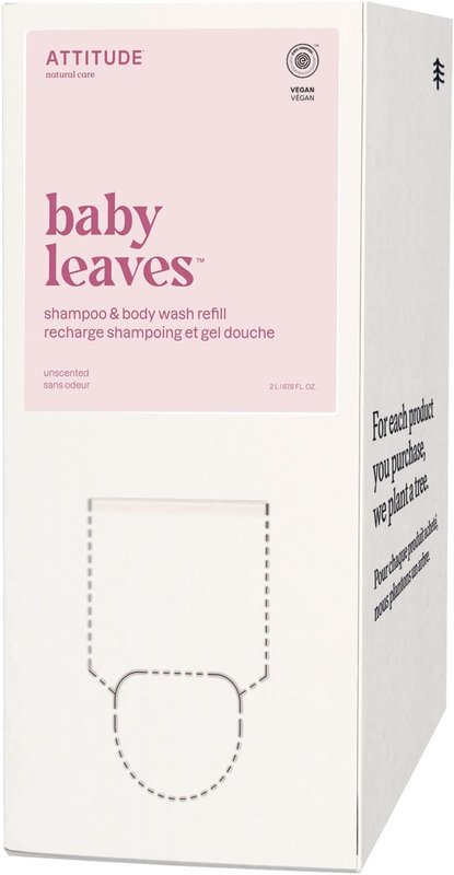 ATTITUDE Baby 2in1 Shampoo and Body Wash, Made in Canada, EWG Verified, Dermatologically Tested, Vegan, Unscented, Bulk Refill, 2 L