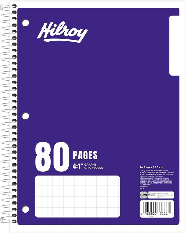 Hilroy 1-Subject Coil Notebook, 8" x 10.5", Quad Ruled, 80 Pages/40 Sheets, Violet Covers, Box of 30 (13222)