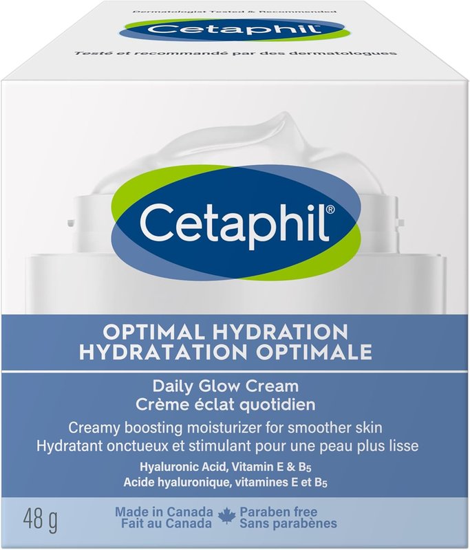Cetaphil Optimal Hydration Daily Glow Cream for Sensitive, Dry and Dehydrated Skin – 48hr Hydration – with Hyaluronic Acid, Niacinamide, Vitamin E & Vitamin B5 – Dermatologist Recommended, 48g Daily Glow Face Cream