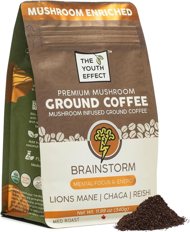 Canadian Mushroom Ground Coffee by The Youth Effect with Organic Lions Mane, Chaga, Cordyceps Mushrooms. Made for Stronger Thinking, Boost your Productivity and Immunity (Made in Canada, 12 oz bag)