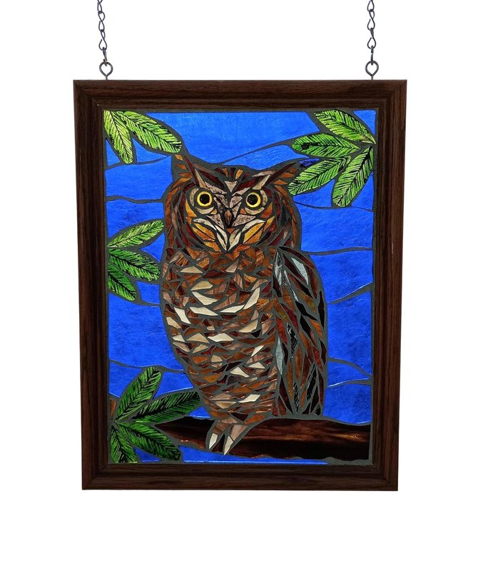 Great Horned Owl Stained Glass Mosaic Panel