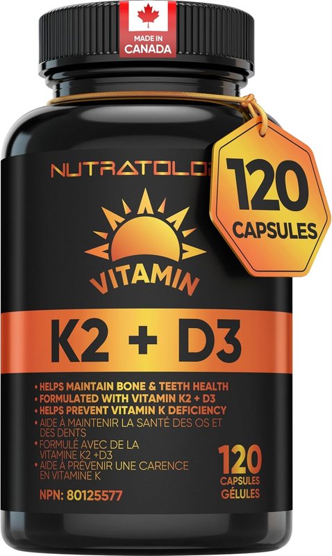 Nutratology Vitamin K2 + D3 | Canadian-Made Highest Potency 120MCG/1000 IU - 120 Capsules - Helps Maintain Bone & Teeth Health - Formulated With MK-7 For Best Results - Immune System Support. 120 count (Pack of 1)