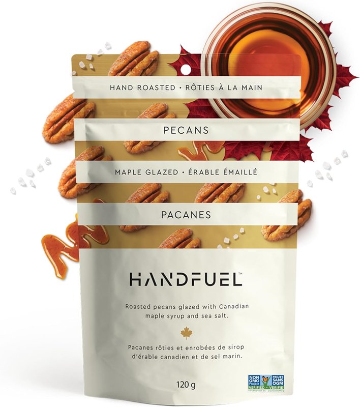 Handfuel Maple Glazed Candied Pecans, Hand Roasted Praline Pecans, 3g of Protein, Proudly Canadian Made Plant Based Candied Nuts, Gluten Free - 120 Grams 150 g (Pack of 1)