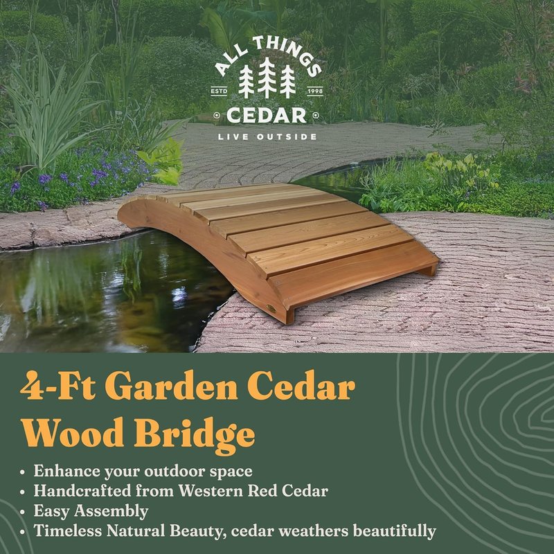 All Things Cedar FB48 Garden Bridge | 4-Ft Durable Outdoor Wooden Bridge for Garden, Backyards & Streams | Easy Assembly & Sustainably Sourced Cedar Wood | 46.5x35x7 4-Ft Bridge