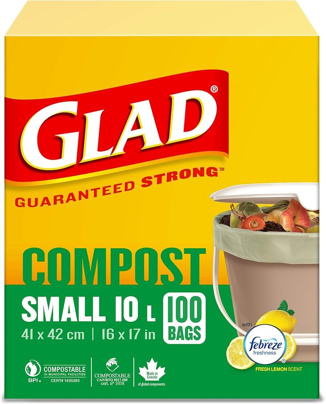 Glad 100% Compostable Bags - Small 10 Litres - Lemon scent, 100 Compost Bags 100 count (Pack of 1)