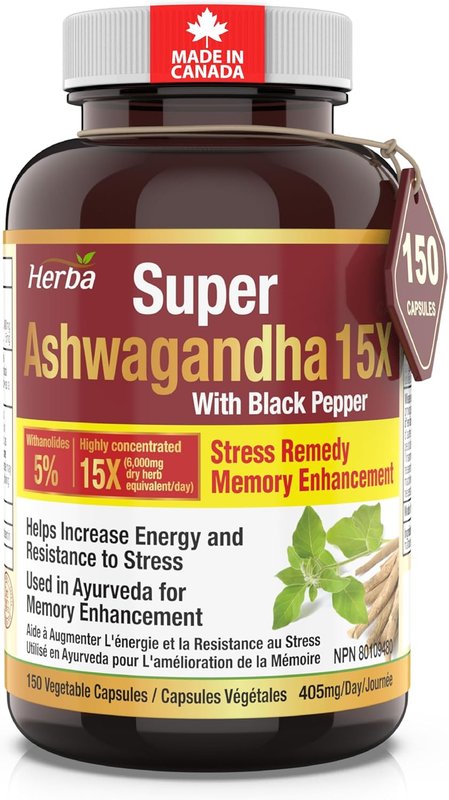 Herba Ashwagandha Supplement - 150 Capsules | 6000mg Per Day | 15:1 Extra Strength Ashwagandha Capsule with Black Pepper | Adaptogen for Energy & Stress | Made in Canada