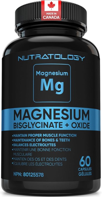 Magnesium Bisglycinate + Oxide | Canadian-Made | Relaxes Muscles, Improves Sleep Quality, Maintains Proper Muscle Functions & Enhances Bone Density | 250MG Per Capsule | 60 Capsules Magnesium Bisglycinate + Oxide 60 count (Pack of 1)