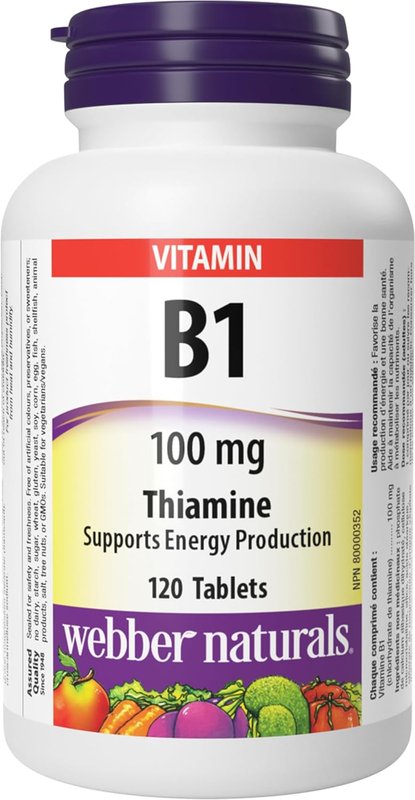 Webber Naturals Vitamin B1 Thiamine 100 mg, 120 Tablets, Supports Energy Production, Vegan