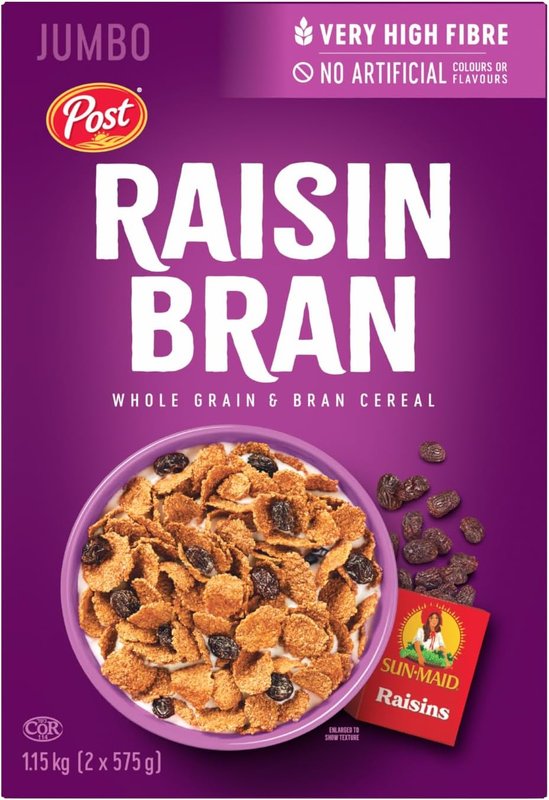 Post Raisin Bran Breakfast Cereal, Very High in Fibre, Made with 100% Sun-Maid raisins, Prepared in Canada, Jumbo Size 1.15 Kg 1.15 kg (Pack of 1)