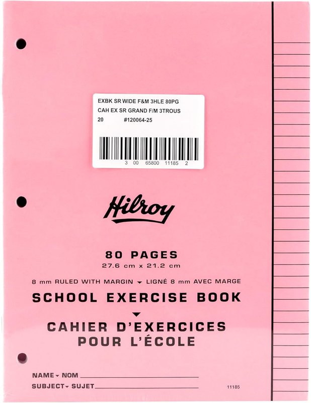 Hilroy Stitched Exercise Book, 8 mm Ruled with Margin, 3-Hole Punched, 80 Pages/40 Sheets, 20-Pack, Assorted Colour Covers (11185) 8mm