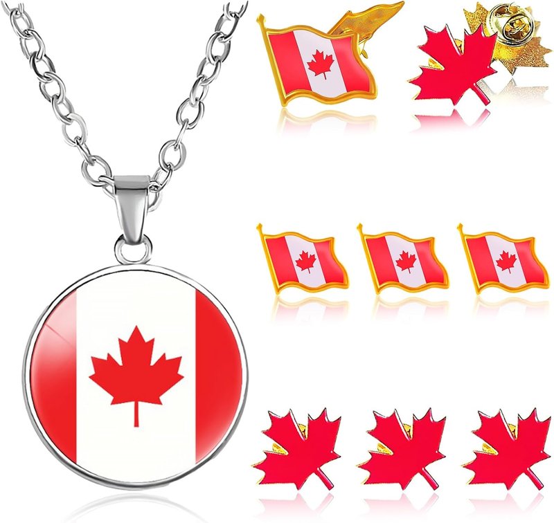 Choistily Canada Day Decorations Canada Flag Pin Necklace Set Charm Pendant Necklace Canadian National Lapel Pins for Men Women