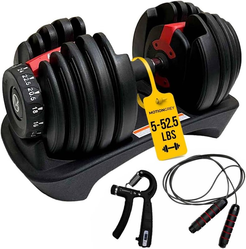 MotionGrey 5-52.5LB Adjustable Dumbbell Set (Single/Pair)| All-in-One Space-Saving Dumbbells with 15 Settings|Compact Weights for Home Gym Workout Fitness Equipment | Includes Jump Ropes & Hand Grips 2 Set