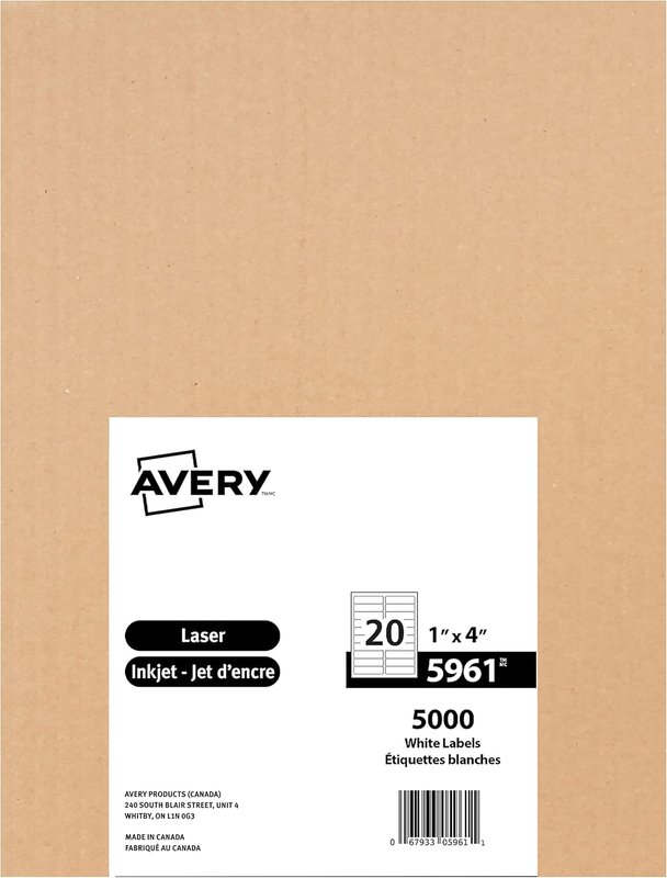 Avery Address Labels with Easy Peel for Laser Printers, 1" x 4", White, Rectangle, 5000 Labels, Permanent (5961) Made in Canada