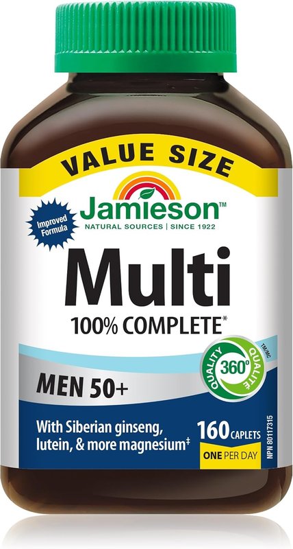 Jamieson 100% Complete Multivitamin For Men 50+, with Siberian Ginseng, Lutein, and More Magnesium. Supports Immunity, Energy, Overall Health, Eye Support, and Bone Health, Gluten-Free, One Per Day, 160 Caplets 160 count (Pack of 1)