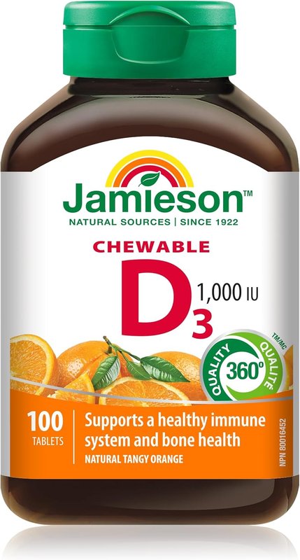 Jamieson Chewable Vitamin D3 1,000 IU Natural Tangy Orange Flavour, Supports Immune Health, Strong Bones and Teeth. Vegetarian, Non-GMO, Gluten-Free, No Artificial Flavours or Colours, 100 Count, Proudly Canadian Orange 100 count (Pack of 1)