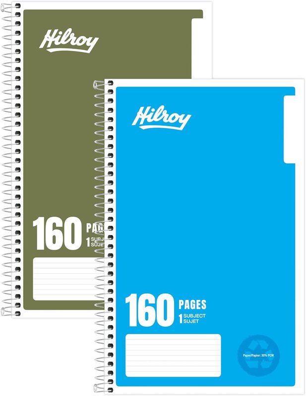 Hilroy Recycled Spiral Notebook, College Ruled, 6” x 9.5”, 160 Pages/80 Sheets, Assorted Colours, 1 Notebook, Colour May Vary (13042)