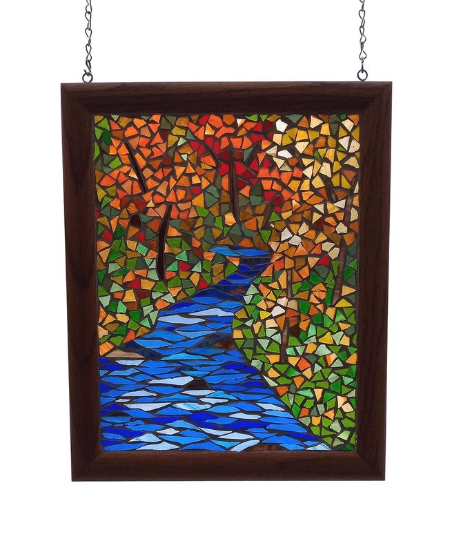 Fall Trees by Stream Stained Glass Mosaic Panel