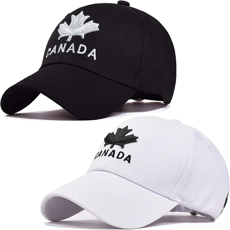 Funshow 2 Pack Canada Maple Leaf Hat Embroidery Canadian Baseball Cap for Men Women Black+white