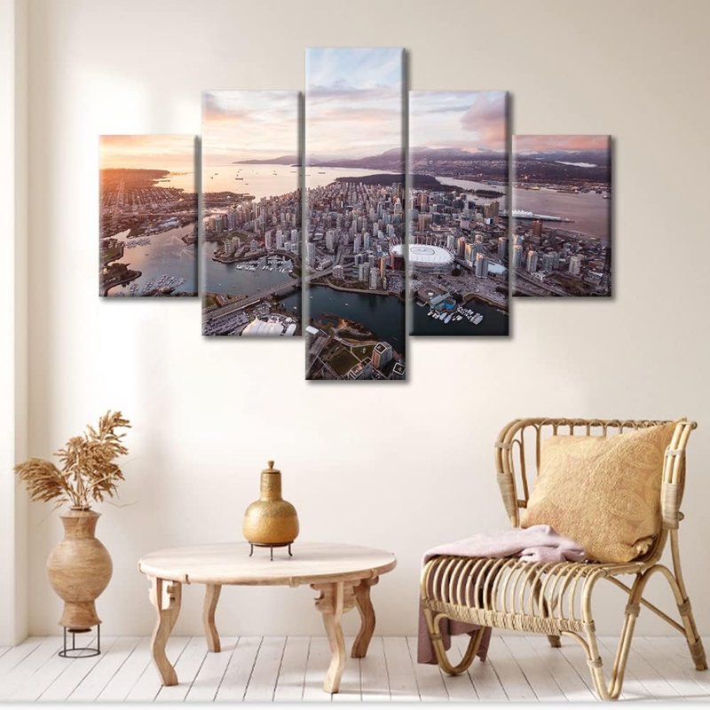 5 Piece Vancouver British Columbia Canada Skyline Black and White Wall Art Skyscraper Cityscape Pictures Wall Decor for Bedroom Posters and Prints Stretched and Framed Ready to Hang (60"Wx40"H)