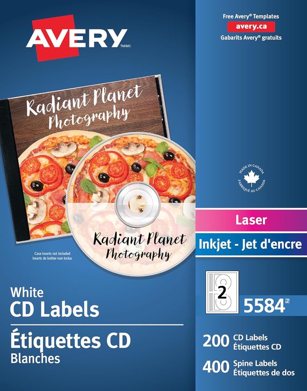 Avery CD Labels for Laser Printers, Matte White, Round, 200 Labels, Permanent (5584) Made in Canada