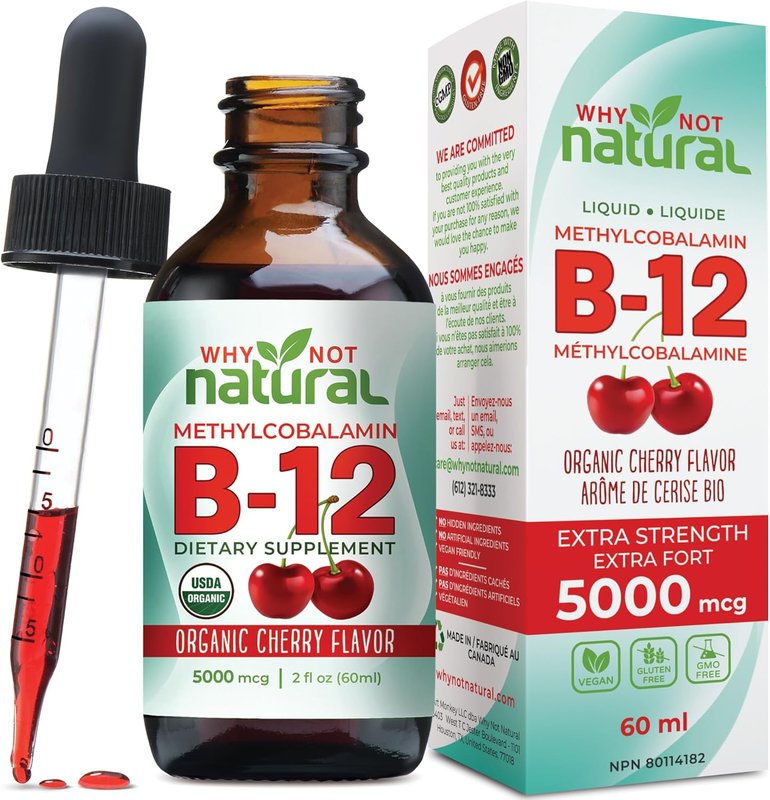 Organic Vitamin B12 Liquid - Sublingual Extra Strength 60 x 5000 mcg Drops, Methylcobalamin, Natural Cherry Flavor, Vegan, Maximize Absorption and Energy