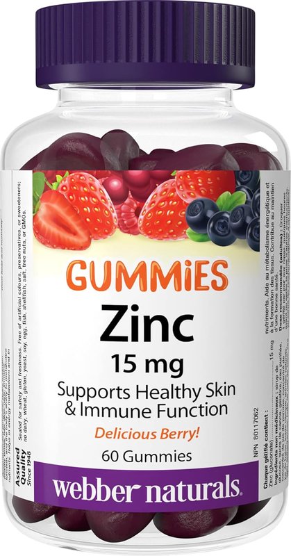 Webber Naturals Zinc Gluconate Gummy, 15 mg, 60 Gummies, For Healthy Skin and Immune Support