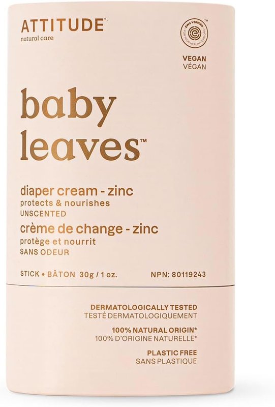 ATTITUDE Plastic-Free Diaper Cream Bar with Zinc for Baby, Made in Canada, EWG Verified, Dermatologically Tested, Vegan, Unscented, 30 grams