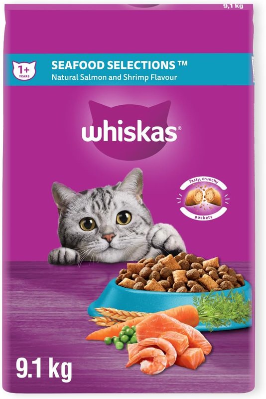 WHISKAS Seafood Selections Adult Dry Cat Food With Real Salmon, 9.1kg Bag