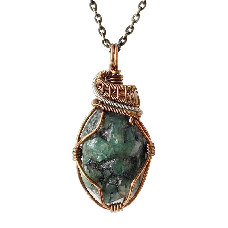 Designs by Nature Gems β Handcrafted Raw Emerald Crystal Necklace in Silver & Bronze Wire | Reversible 24β Antique Bronze Chain | May Birthstone for Heart Chakra Healing